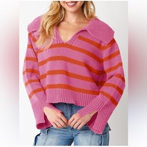 Womens Striped Sweater VNeck Collared Knitted Long Sleeve cropped Pullover Small